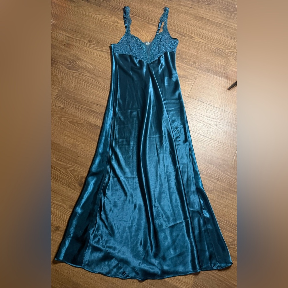 Victoria's Secret Vintage Gold Label Satin Teal Lingerie Lace Nightgown Dress XS